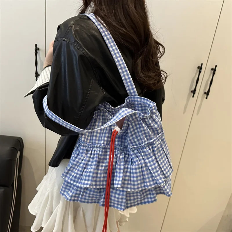 Casual Ruffles Womens Drawstring Shoulder Bags Commute Simple Ladies Plaid Tote Shopping Bag Large Capacity Handbags 250717