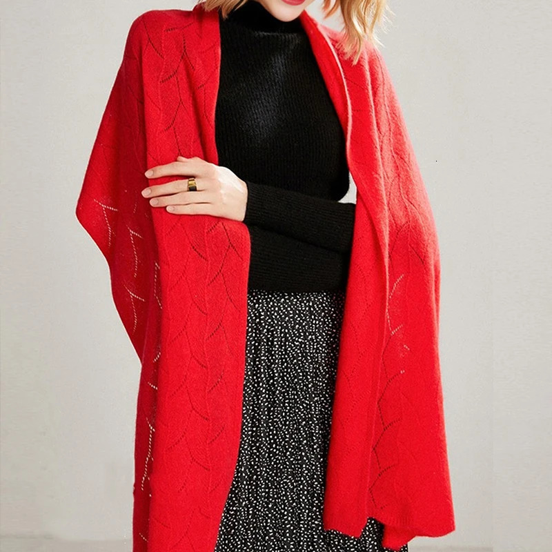 100% Wool Scarf Women Winter Solid Knitted Hollow Out Shawl Fashion Scarves Capes Warm Wraps Lady Cashmere Like Neckerchief 250717