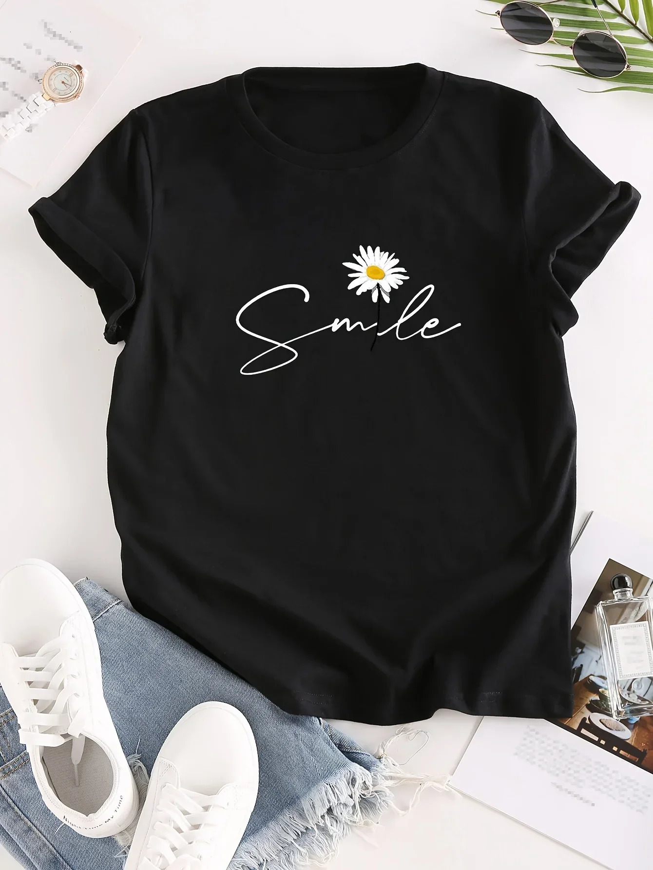 Flower Letter Print Crew Neck TShirt Casual Short Sleeve for Summer Womens Clothing Comfortable Soft Creative Tops 250707