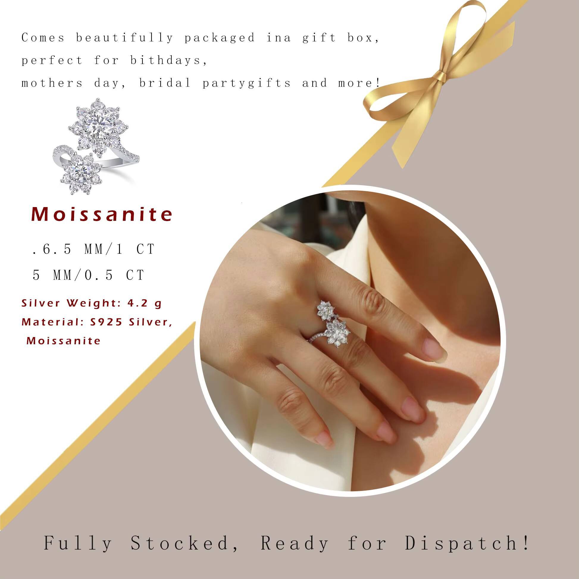 Luxury 925 Sterling Silver Moissanite Double Flower Design Ring Perfect Gift for Anniversary Valentines Day Available Gold