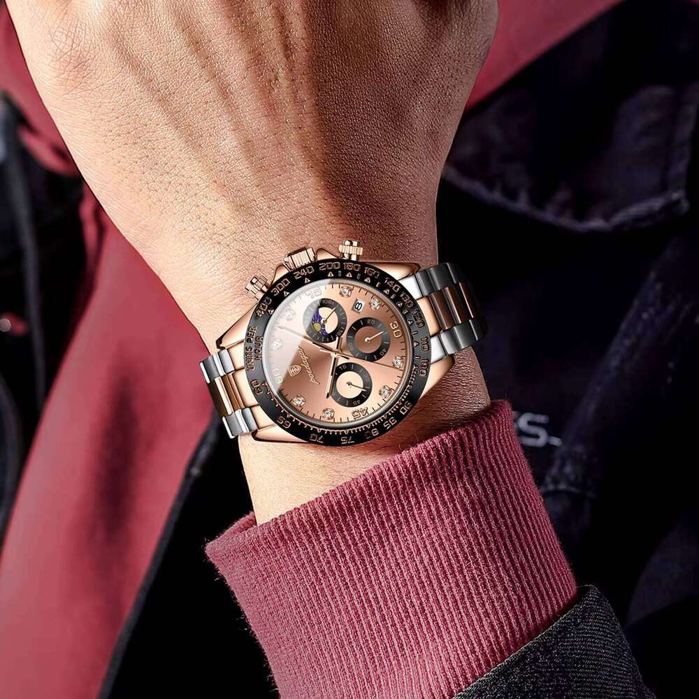 DHwatches Men's Luxury Multifunction Watch - Rose Gold Stainless Steel, Moon Phase, Chronograph, 50M Waterproof, Luminous Quartz Watch
