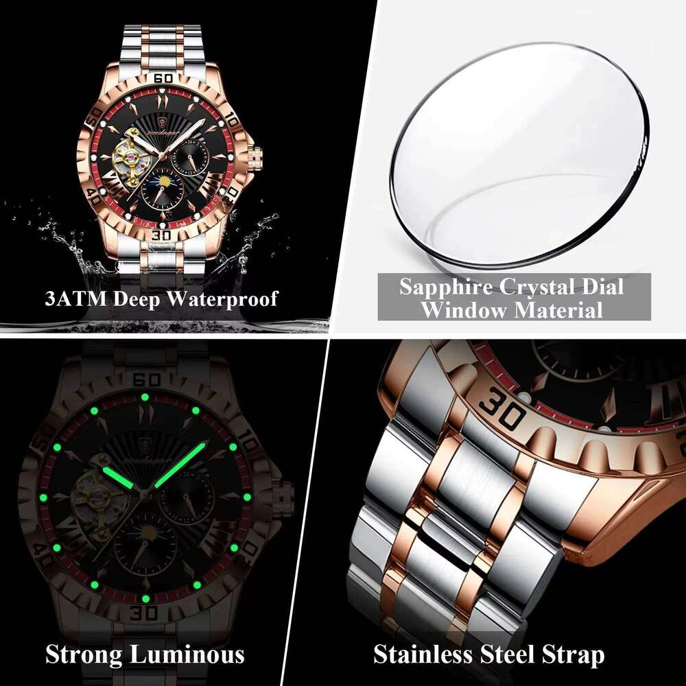 DHgargets Men's Automatic Mechanical Watch - Tourbillon, Moon Phase, Luminous, 30M Waterproof, Stainless Steel Sports Wristwatch