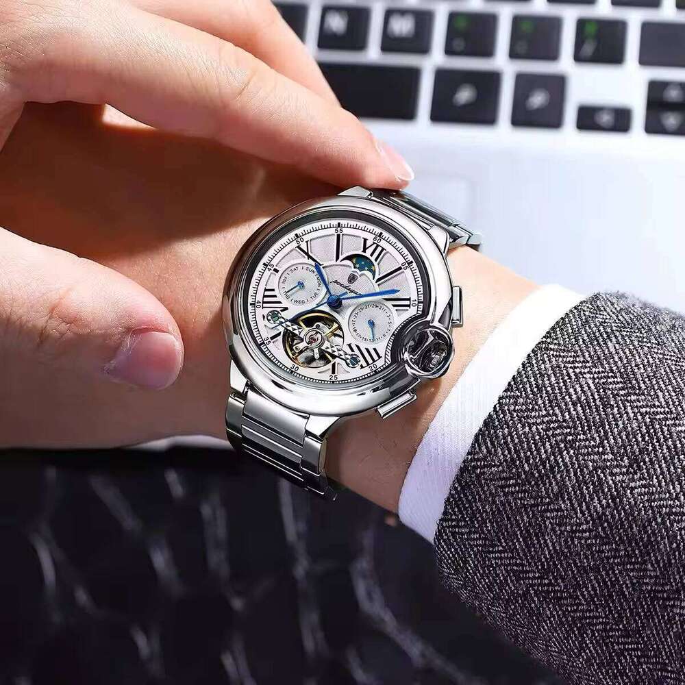 DHwatches Men's Mechanical Watch - Multifunction Moon Phase, Date & Day Display, 30M Waterproof, Stainless Steel Band, Casual Wristwatch
