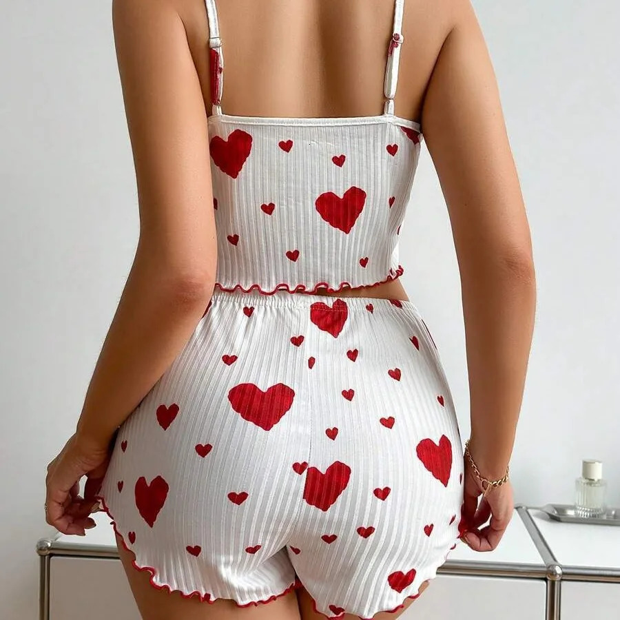 Womens 2PCS Heart Print Pajama Set Sleeveless Crop Top and Shorts Soft Comfy Sleepwear Loungewear for Summer Nightwear 250717