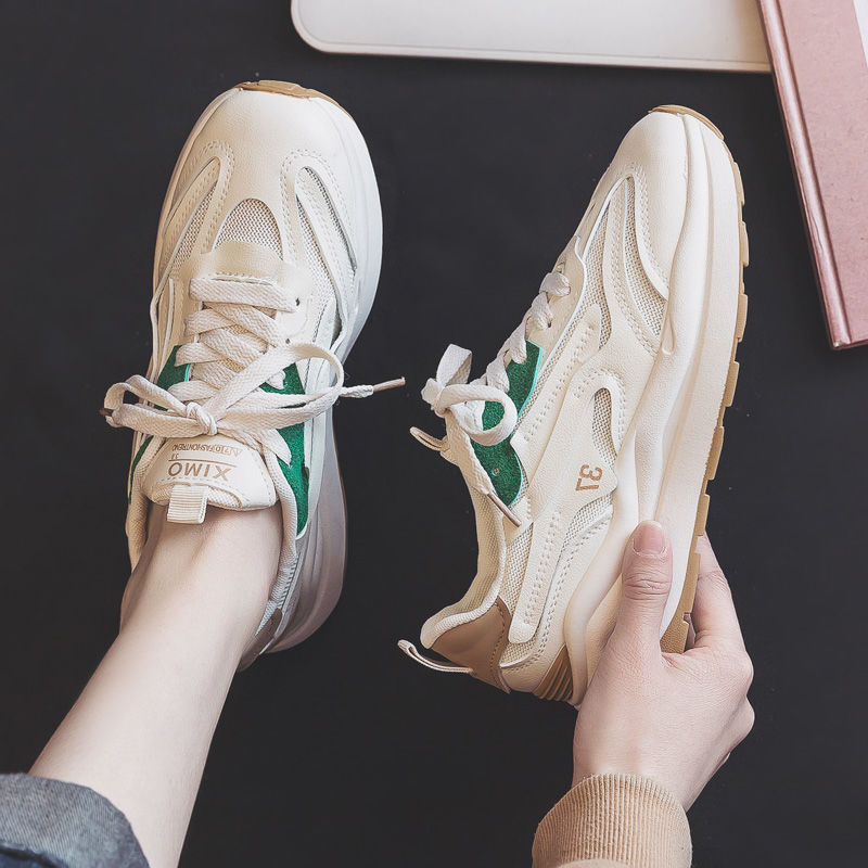 Women Leather Platform Sneakers Autumn Fashion Mesh breathable Anti Slip Thick Bottom Sport Shoes Flats Casual Vulcanized Shoes Flat Bottomed Casual B