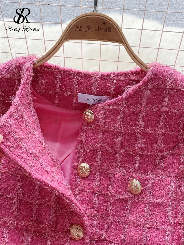 SINGREINY High Quality Plaid Two Pieces Suits Women Gold Button Long Sleeves Short JacketSplit Long Skirt Lace up Autumn Sets 250718