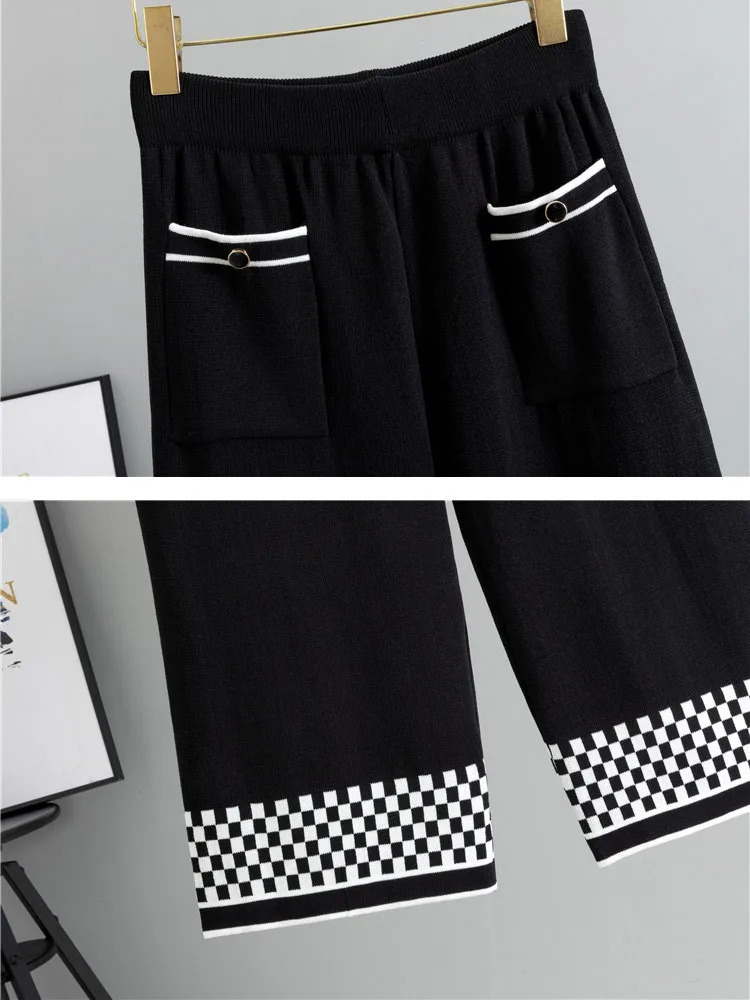 Plaid n Knitted 2 Piece Sets Women Single Breasted Knit Sweater Cardigan Tops Conjuntos High Waist Wide Leg Pants Outfit 250721