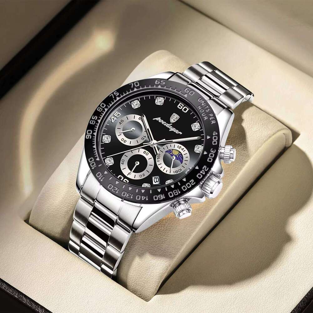 DHwatches Men's Multifunction Quartz Watch - Luminous, Moon Phase, Chronograph, 50M Waterproof, Stainless Steel Band, Sporty Wristwatch