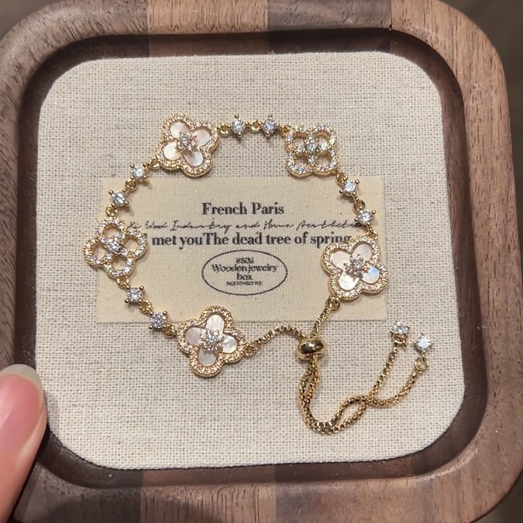 Gold Tone Clover Shaped Link Bracelet Shell & Crystal Accents Elegant Party Jewelry And Daily Wear Gift For Her High Quality And Stylish Jewelry