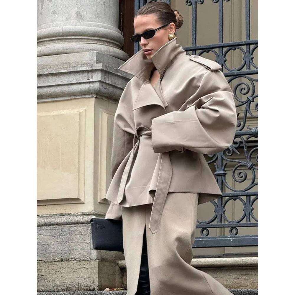 hoodie Casual Loose Jackets Women Lapel Long Sleeves Belt Double Breasted Short Windbreaker Spring Fashion Chic Streetwears Lady jacket