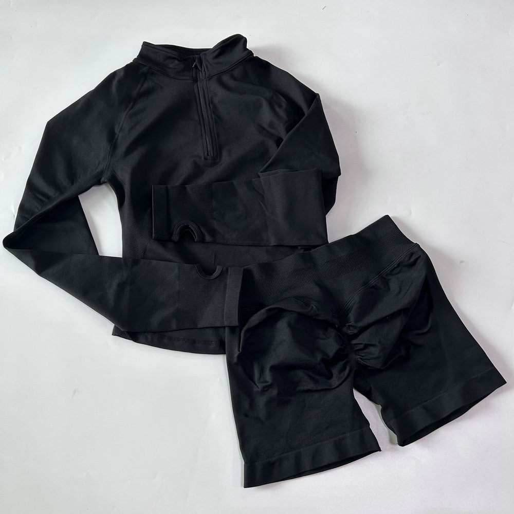2pcs Sport Sets Long Sleeve Jacket Yoga Top With Half Zip Coat Women Push Up Shorts Fiess Suits Seamless Running Workout Set Clothing Activewear