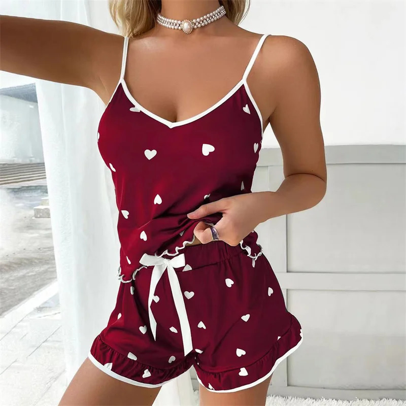 2024 Summer Pajama Set Large Size Vest Shorts Suspenders Soft Casual Cute Printed Women pajamas set 250717