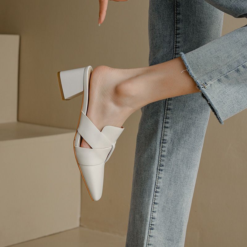 Designer sandals Designer sandals French Style Square Toe for Women, Fashionable Chunky Mid Heel Apricot Mules, Summer Mules