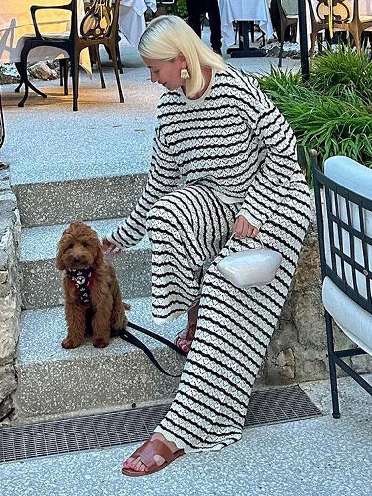Casual Striped Knit T-shirt Pants Suit Women Hollow Out O-neck Loose Tops Pullover Wide Leg Trousers Spring Loose Outfit 250714