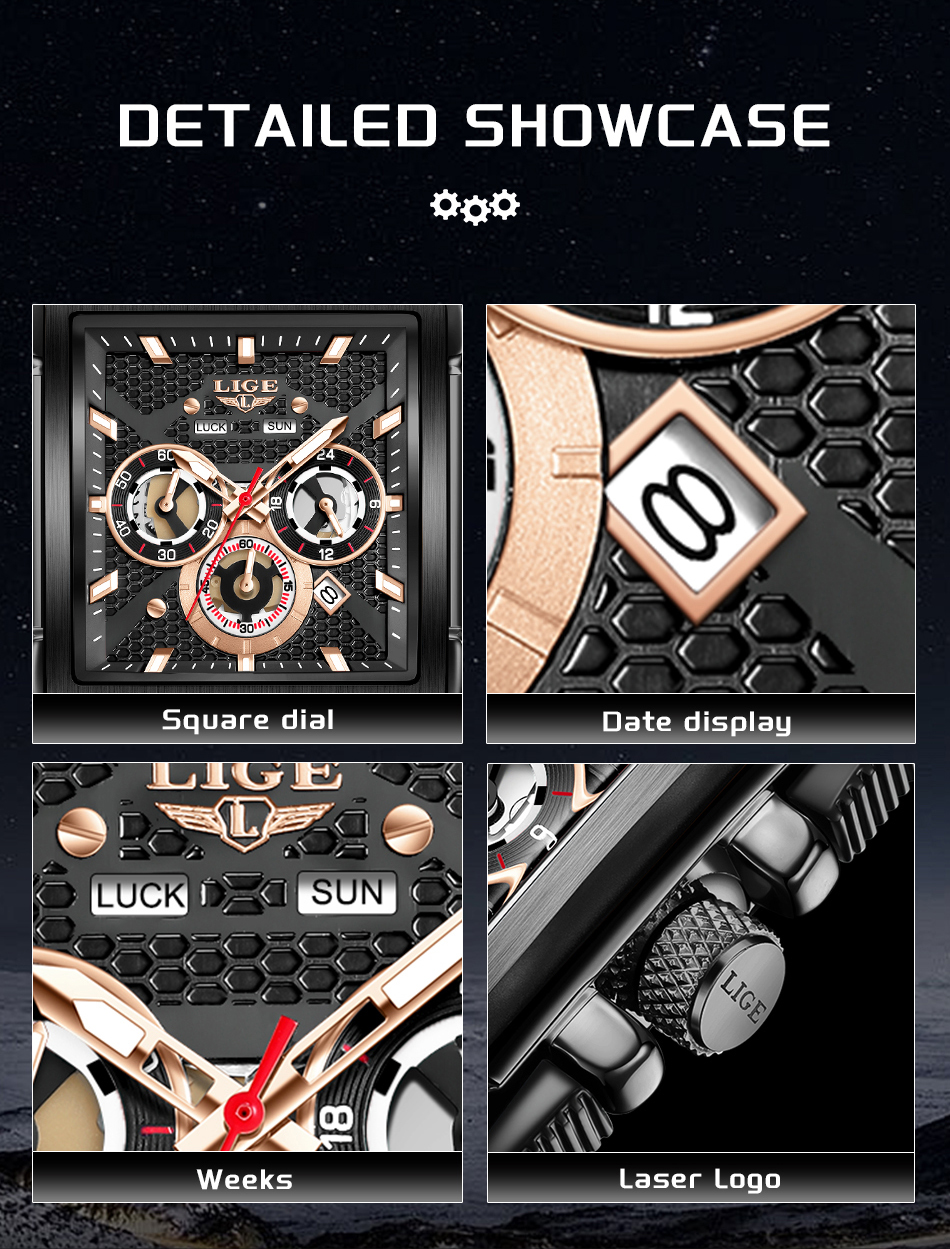 LIGE quartz watch men's waterproof watch Luminous pointer multi-function chronograph silicone strap sports fashion business watch Holiday Gifts T