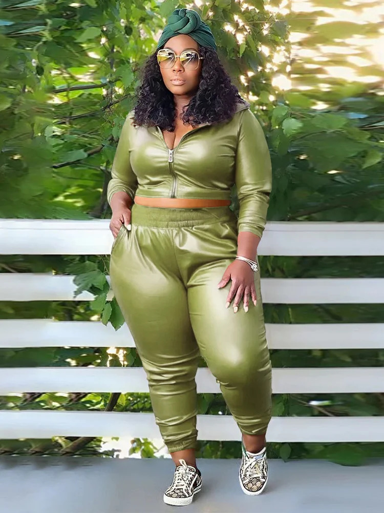 Wmstar Plus Size PU Two Piece Outfits Women Fall Clothing Hoodies Coat Pants Sets Legging Matching Set Wholesale Drop 250714