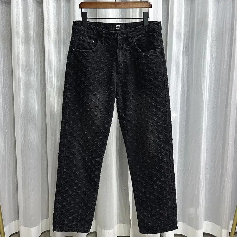 European and American High Street Pants Ins Trendy Jacquard Full Print n Feeling Jeans Mens Loose Wide Leg Pants 250721