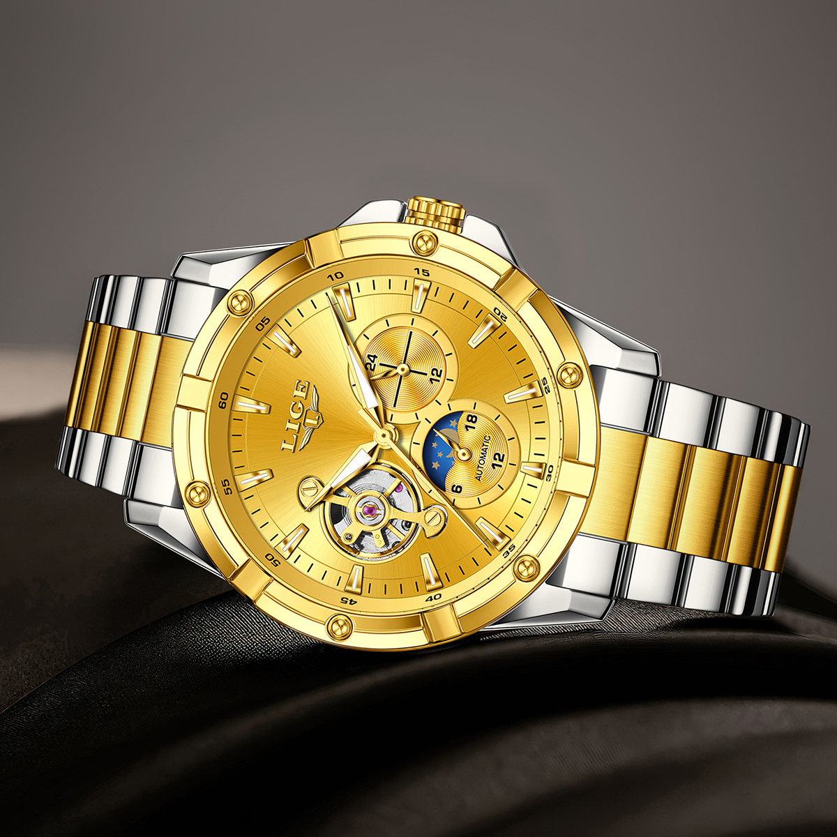 LIGE Men's Mechanical Watch Stainless Steel Band Fashion Business Watch 30m Waterproof Watch Tourbillon Multifunctional Mechanical Watch Holiday 