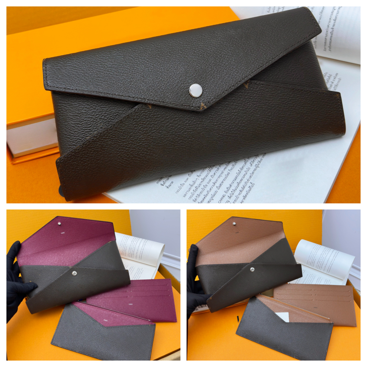 Brown Flower Trio Clutch Card Holder Designer Kirigami Pochette Envelope Pouch Coin Wallet iPad Checkbook Key Holder Elegant Women's Leather Wallets with box