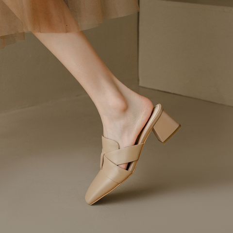 Designer sandals Designer sandals French Style Square Toe for Women, Fashionable Chunky Mid Heel Apricot Mules, Summer Mules