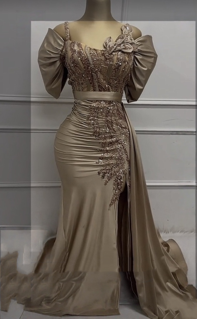 Brown Mermaid Evening Dresses Side Slit Off Shoulder Formal Party Gown Lace Appliques Satin Elegant Prom Dress For Women