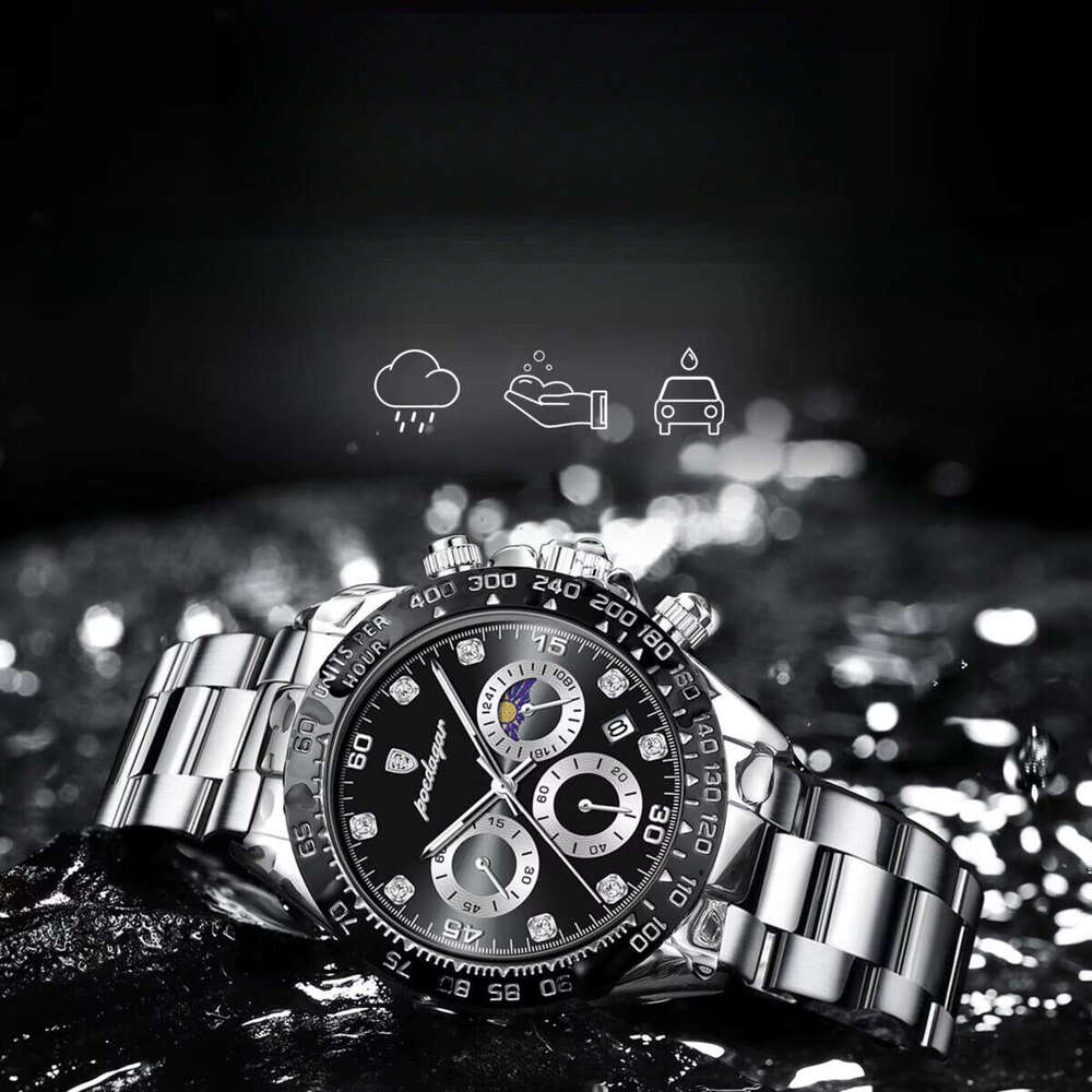 DHwatches Men's Multifunction Quartz Watch - Luminous, Moon Phase, Chronograph, 50M Waterproof, Stainless Steel Band, Sporty Wristwatch