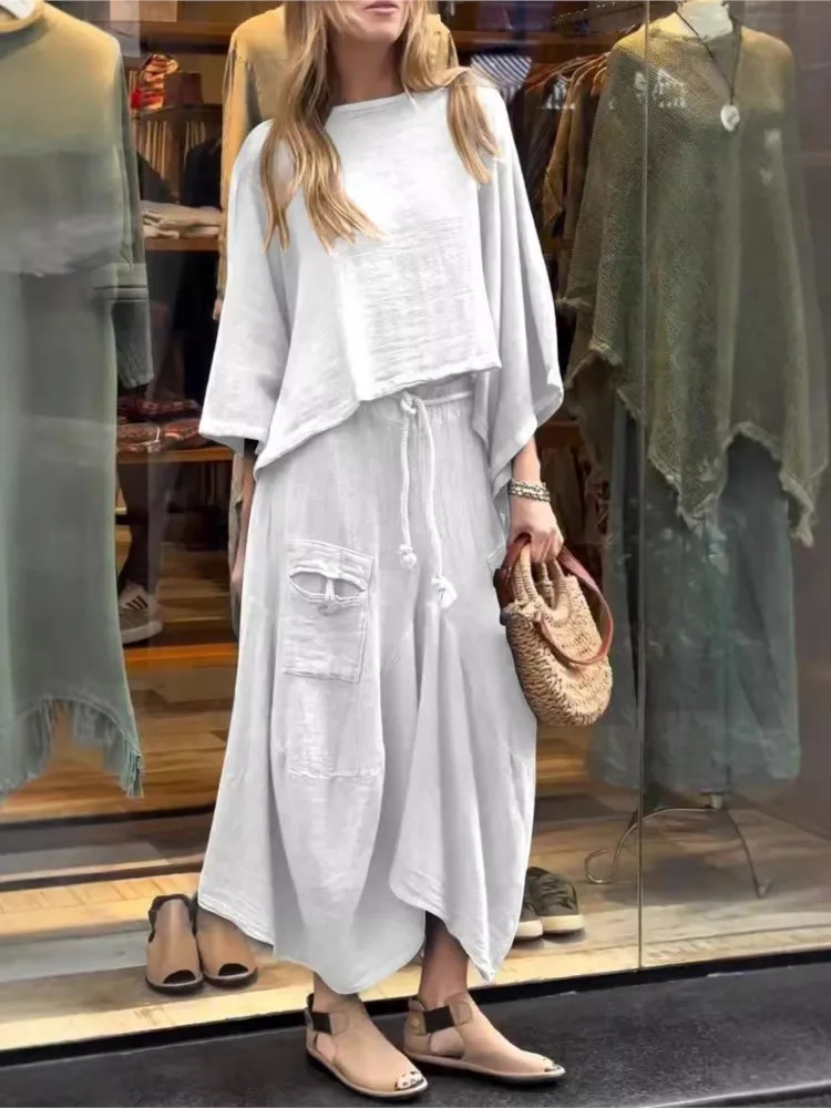 Casual Cotton Linen T Shirt Skirt Two Piece Set Women O-neck Batwing Sleeve T Shirt Outfits Autumn Winter Loose Solid Suit 250714