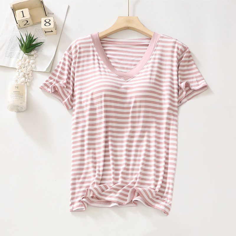 B981-Modal pajamas with chest pads for women summer striped short-sleeved home clothes comfortable loose large size T-shirt tops Korean