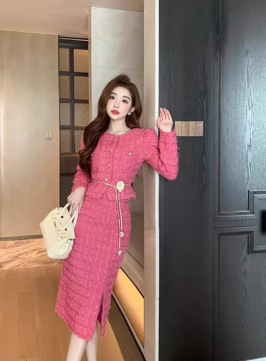 Two Piece Dress Rose red small fragrant style set for women's autumn and winter new style high-end coarse woolen coat half body long skirt two-pi