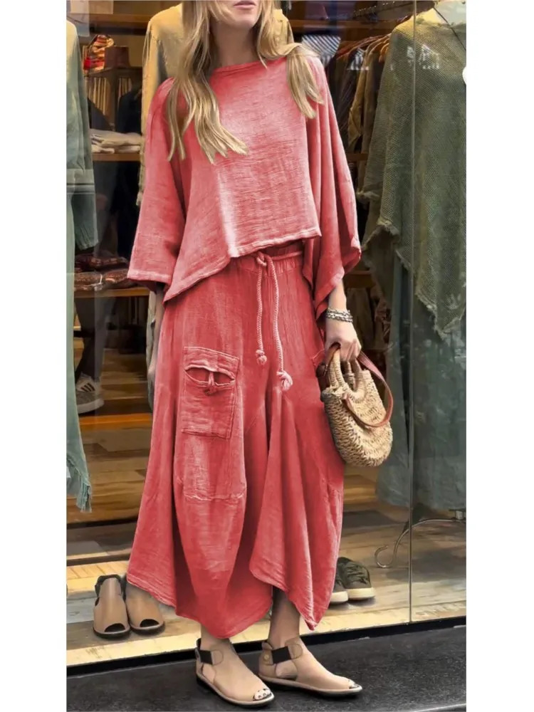Casual Cotton Linen T Shirt Skirt Two Piece Set Women O-neck Batwing Sleeve T Shirt Outfits Autumn Winter Loose Solid Suit 250714