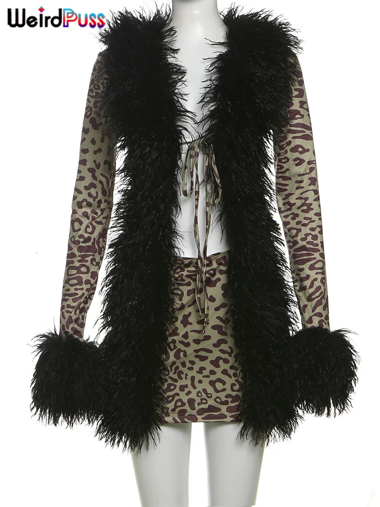 Weird Puss Fluff Patchwork 2 Piece Set Women Wild Lace-Up Cardigan TopsLeopard Print Mini Skirts Midnight Club Matching Suits 250714