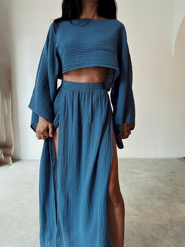2 Pcs/Set Women Crop Top Skirt Sets Long Sleeve Top High Waist Split Skirts Suit Beach Bikini Coverup Lady Elegant Party Outfit 250714