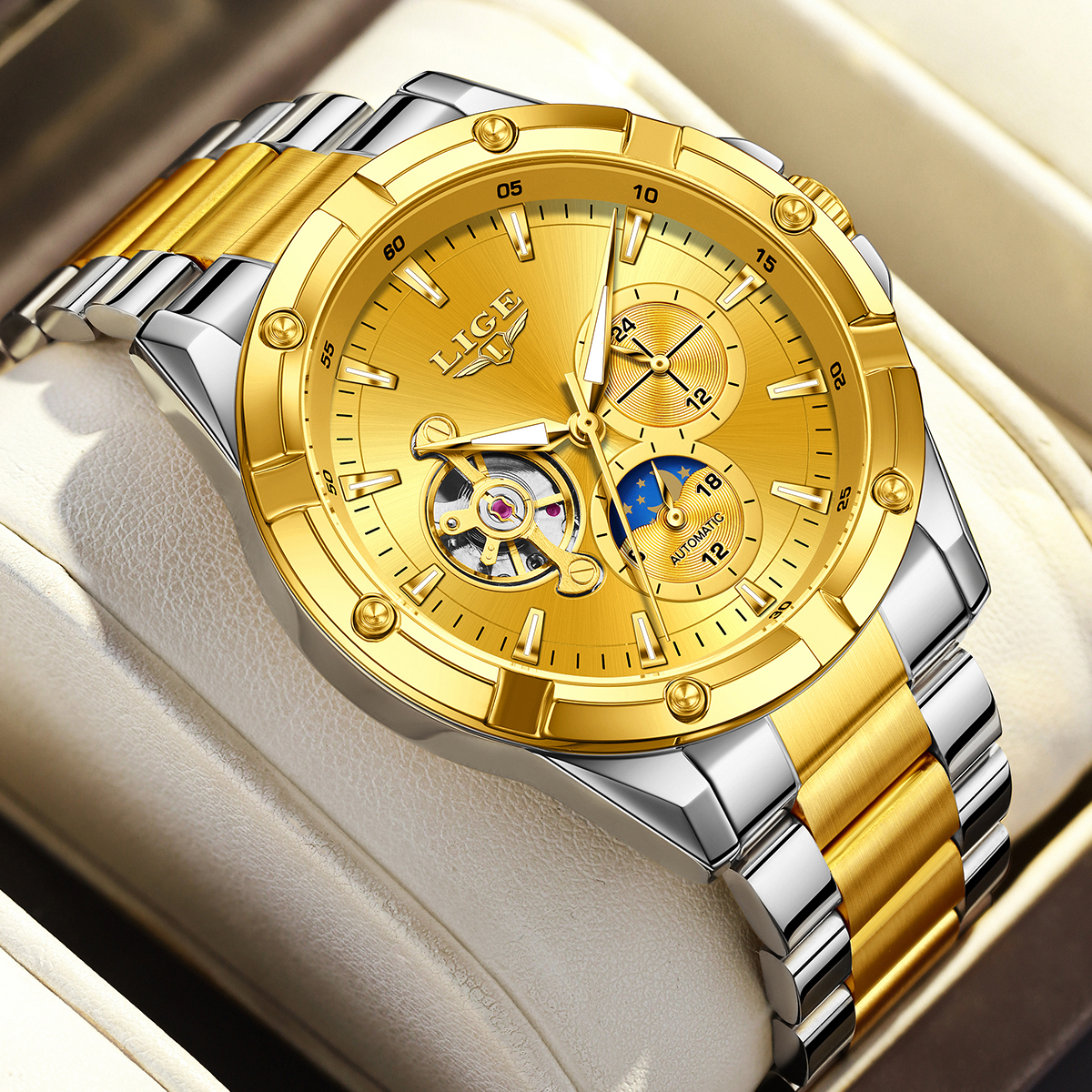 LIGE Men's Mechanical Watch Stainless Steel Band Fashion Business Watch 30m Waterproof Watch Tourbillon Multifunctional Mechanical Watch Holiday 