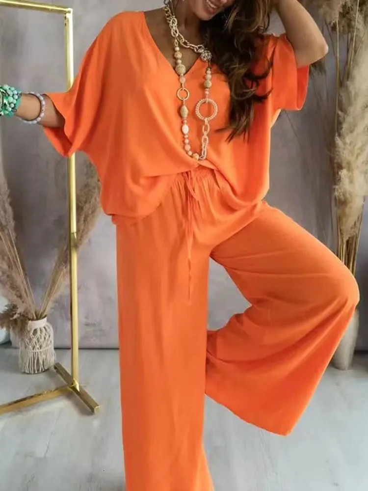 Summer Long Pant Sets Two Piece Set For Women V Neck Bat Sleeve Loose Wide-leg Pants 2 Piece Set Solid Color Casual Outfits 250714