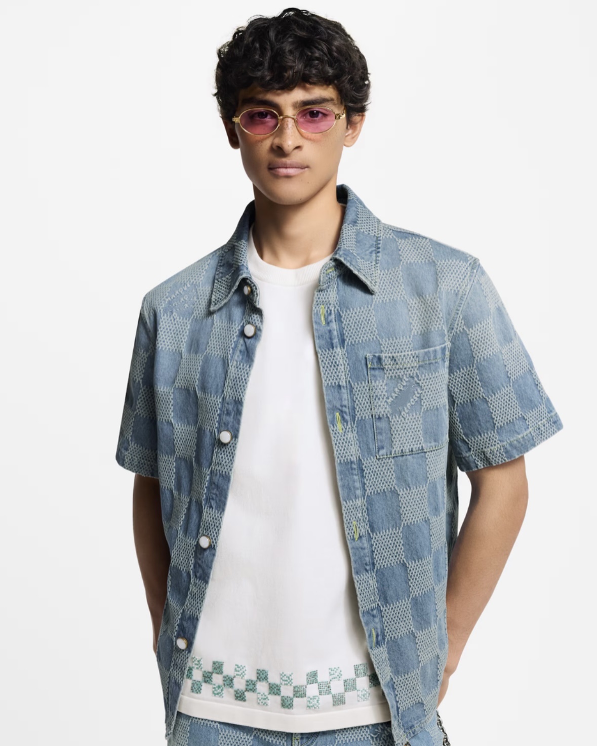 Men's T-Shirts designer t-shirt fashionable neck short sleeved t-shirt mens oversized t-shirt 3D Damier Jacquard Short Sleeve Denim Shirt and Shorts Set 7410