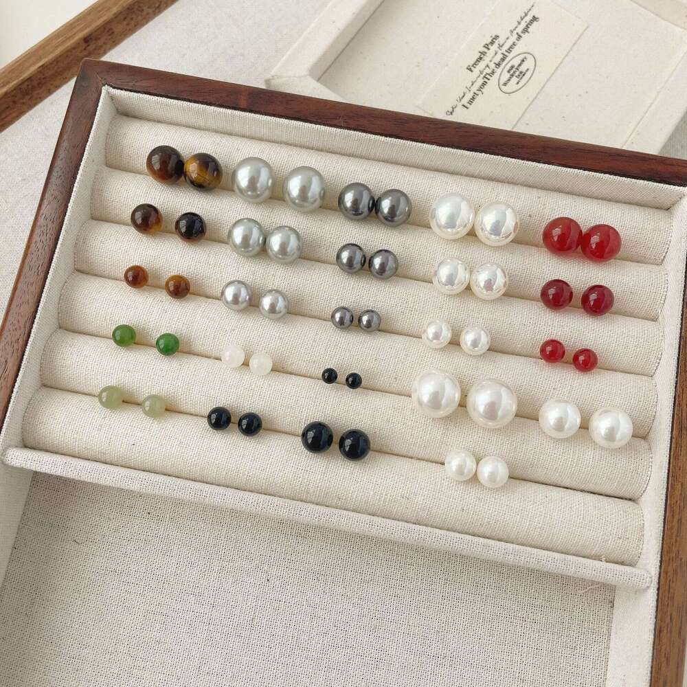 Tiqi INS Style Round Bead Earring Set Pearl Black Onyx Sterling Sier Exquisite Tiger Eye Stone Versatile Earrings