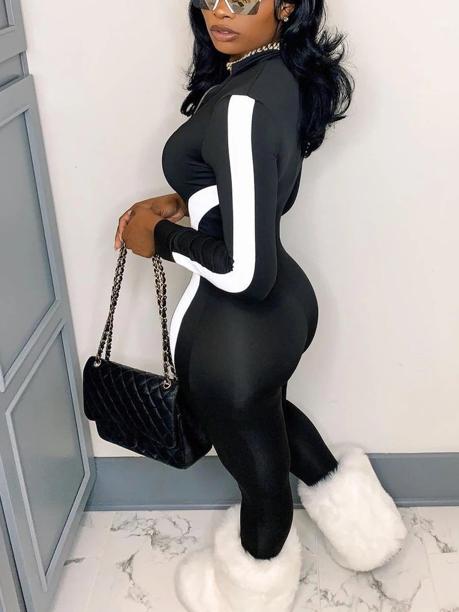 LW Basic Plus Size Striped Zipper Jumpsuit Women's Clothing Fall Casual Patchwork V Neck Long Sleeve One Pieces Outfit 250714