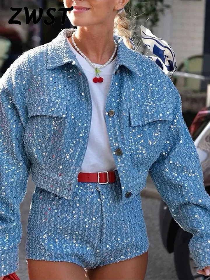 Womens Denim Sequined Shorts Sets 2 Pieces Spring Outfit Outwear Long Sleeve Lapel Coats Slim Short Pants Suit Female 250714