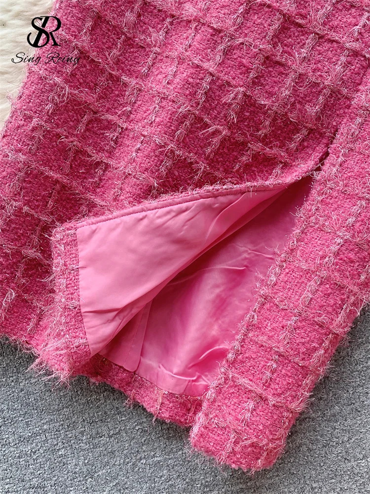 SINGREINY High Quality Plaid Two Pieces Suits Women Gold Button Long Sleeves Short JacketSplit Long Skirt Lace up Autumn Sets 250718