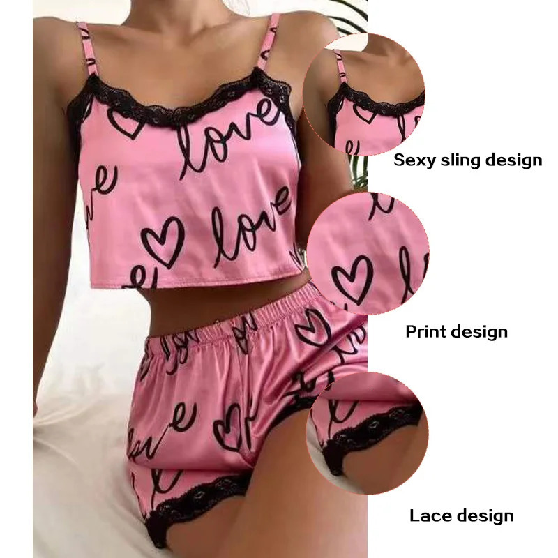 2 Pieces Set WomenS Pajama Shorts Suit Homewear Print Underwear Pijama Sexy Lingerie Camisoles Tanks Nighty Ladies Sleepwear 250717