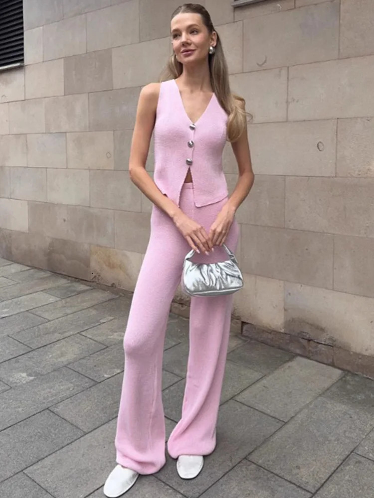 Trendix Knit Pant Sets Women V Neck Sleeveless Tank Tops Vacation Casual 2PCS Solid High Waist Elegant Pant Knitwear Vest Sets 250714