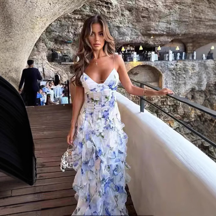 2026 New Off shoulder Womens Dress Fashion Chiffon Printed Fairy Long Elegant Evening Dress