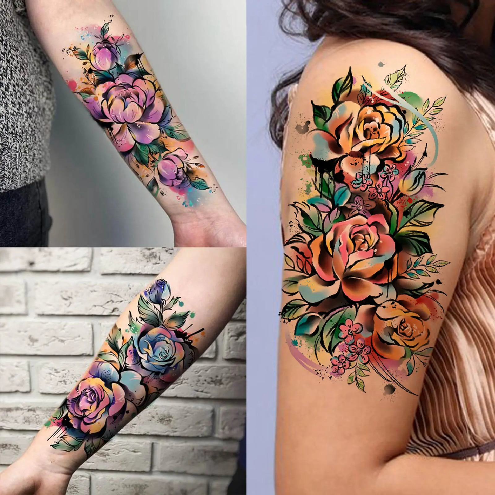 63 Sheets 3D Watercolor Rose Temporary Tattoos For Women Arm Girls Adults Peony Flower Tattoo Sticker Lion Tiger Tattoos 250721