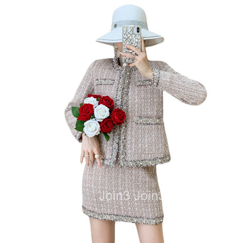 Elegant Tweed Designs Style Streetwear Set for Women Autumn Winter New Woolen Coat and Skirt Two-piece Set
