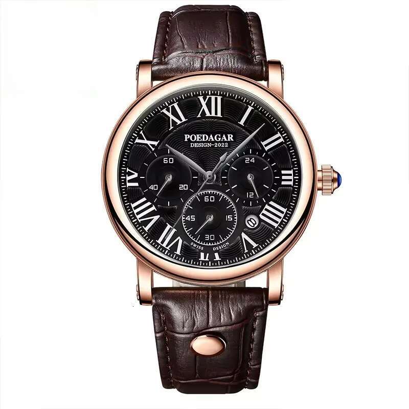 DHwatches Men's Ultra-Thin Leather Strap Watch - Multifunction Chronograph, Date Display, 50M Waterproof, Sapphire Crystal, Casual Quartz Watch