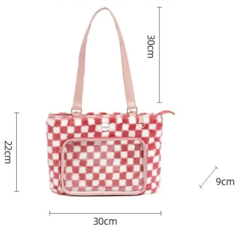 Transparent Plaid Red Ita Bag Handbag Women Sweet Cute Plush Soft Casual Crossbody Bags Female Autumn Large Capacity Ita Bag 250717