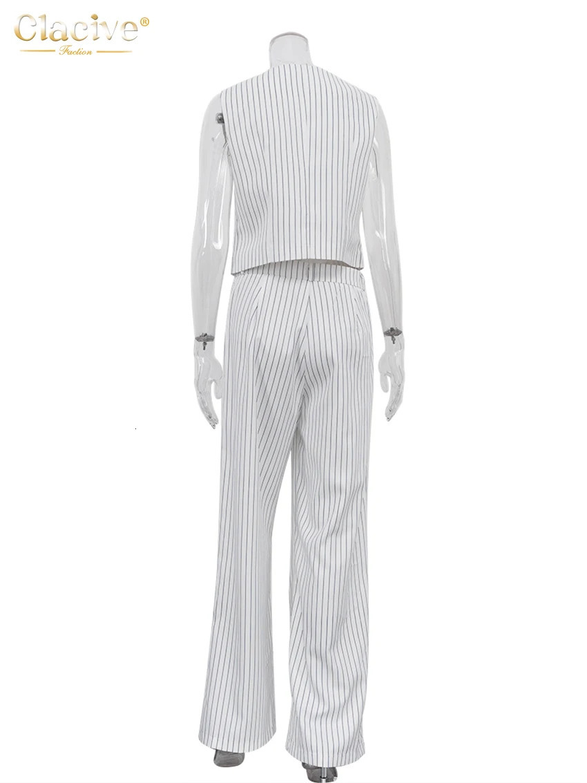 Clacive Fashion Loose Stripe Print Pants Sets For Women 2 Pieces Elegant Sleeveless Tank Top With High Waist Wide Trousers Suits 250714