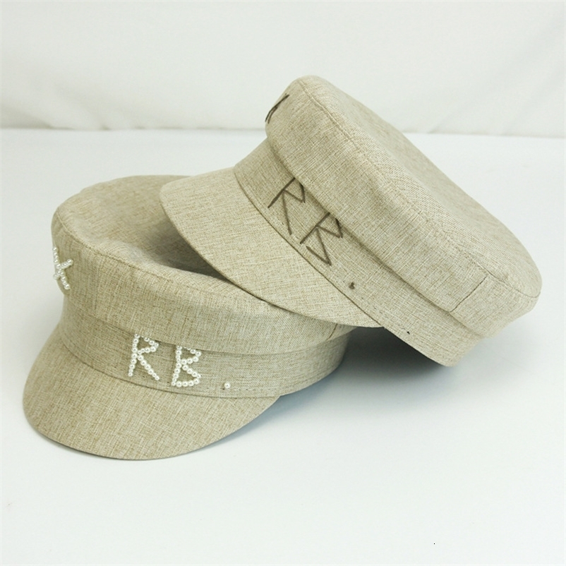 Women Pearls R B Letter Militray Hat Adjustable Flat Top sboy Caps Fashion Female Navy Hat Casual 250717