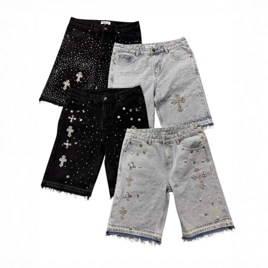 Men's Shorts Gothic Rhinestone Cross Embroidery Viral Denim Jorts Vintage American Trend Gym Men Women Street Hip Hop Jean Short