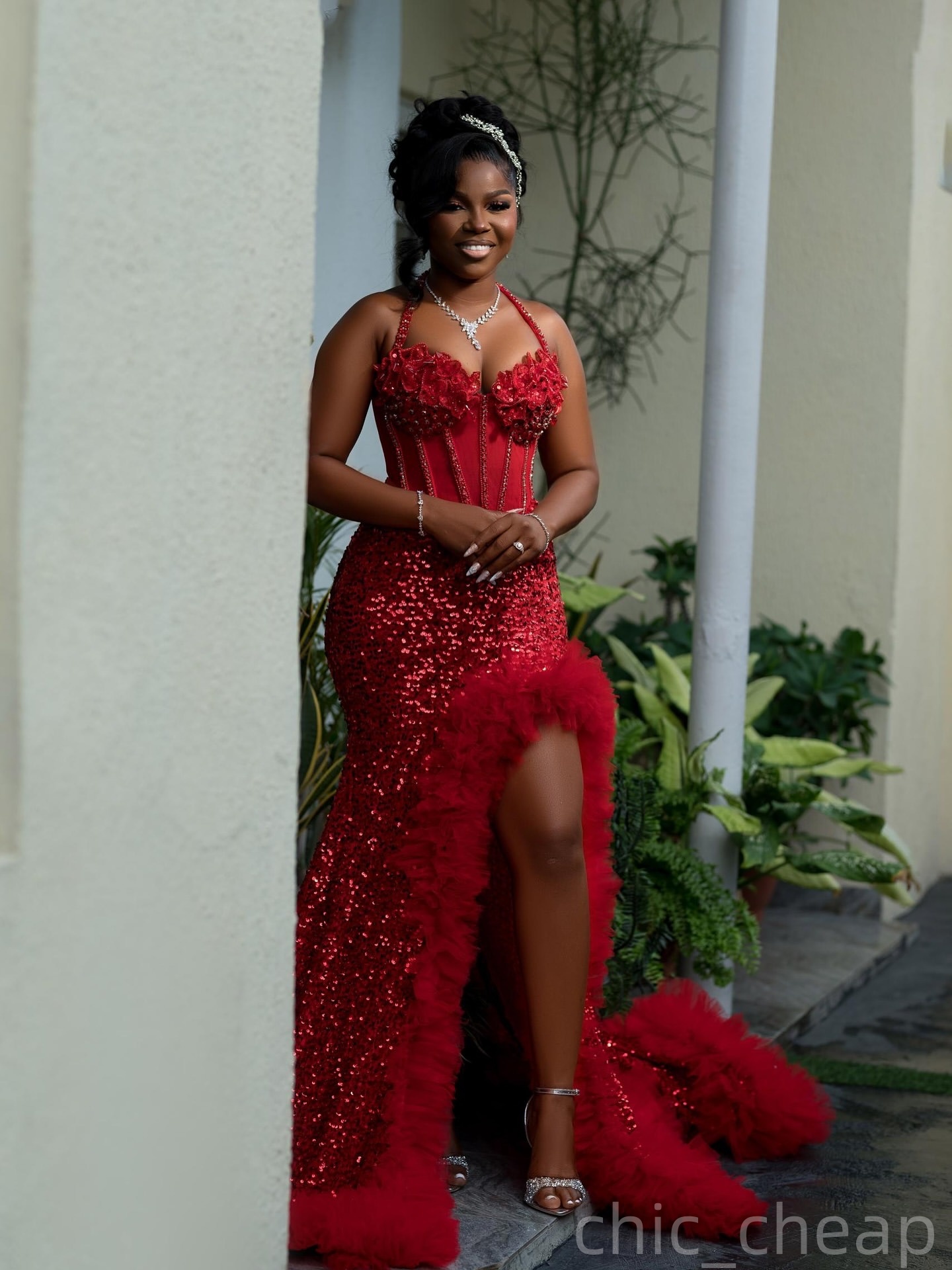 Red Mermaid Prom Dresses 2025 Flowers Beaded Sequined Tiers Evening Formal Party Second Birthday Engagement Gowns Plus Size Dress For Special Occasion